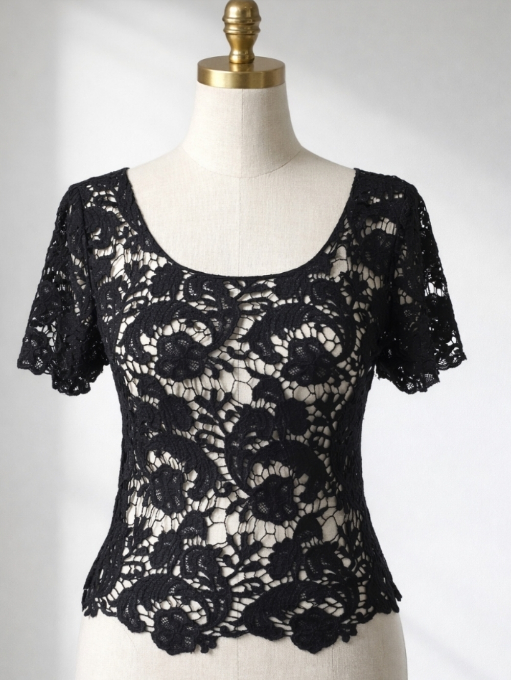 Vintage 90s Black Floral Guipure Lace Blouse Scalloped Hem Grunge Cottagecore S